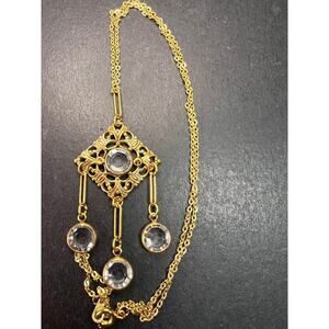 Vintage Victorian Revival Gold Tone Filigree Chandelier Necklace w/ Rivoli Glass
